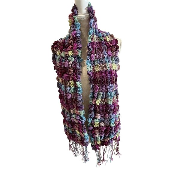 Handmade Multicolor Ruffled Knit Scarf With Fringe Cozy & Stylish - Picture 1 of 3